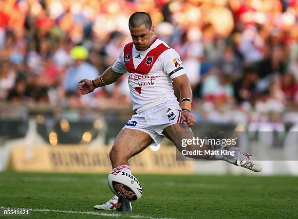 Jamie Soward of the Dragons takes a conversion attempt during the round two NRL match between the St George Illawarra Dragons and the Gold Coast...