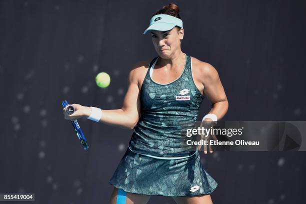 Danka Kovinic of Montenegro plays a forehand against Jennifer Brady of the United States in their Women's qualification match during the 2017 China...