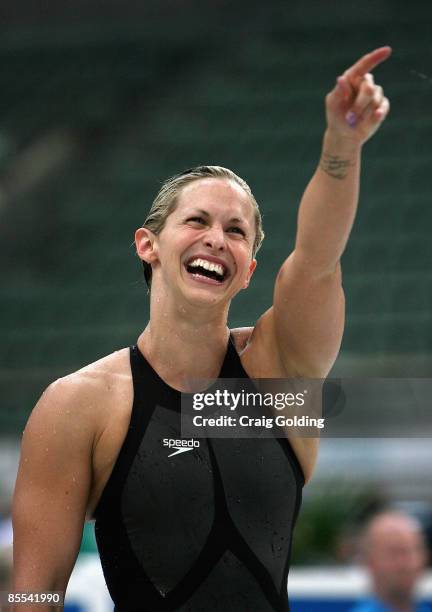 Lisbeth Trickett of NSWIS celebrates after winning the women's 50m freestyle final during day five of the 2009 Australian Swimming Championships at...