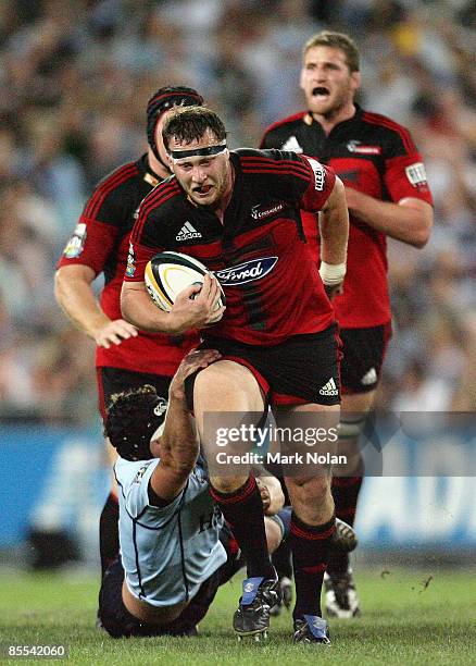 Wyatt Crockett of the Crusaders makes a line break during the round six Super 14 match between the Waratahs and the Crusaders at ANZ Stadium on March...