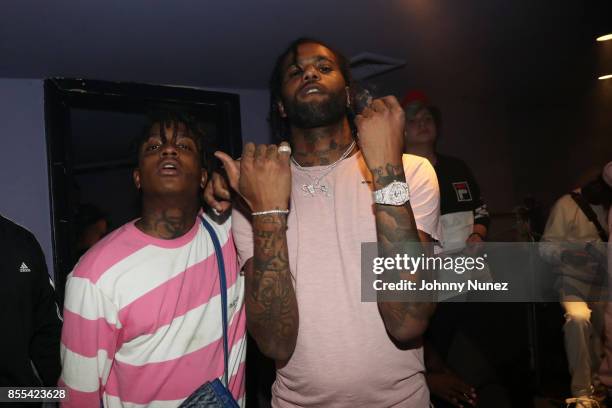 Ski Mask the Slump God and Hoodrich Pablo Juan backstage at Highline Ballroom on September 28, 2017 in New York City.