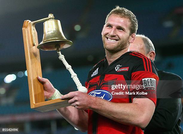 Kieran Read of the Crusaders holds the Rotomahana Challenge trophy during the round six Super 14 match between the Waratahs and the Crusaders at ANZ...