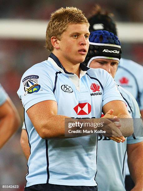 Damien Fitzpatrick of the Waratahs prepares himself for a scrum in his debut during the round six Super 14 match between the Waratahs and the...