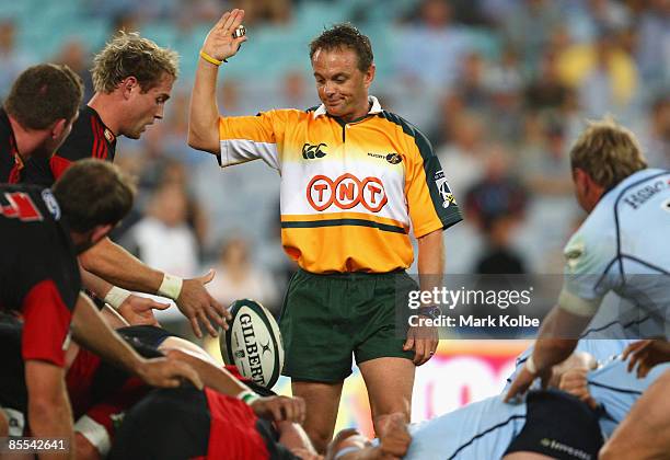 Referee Chris Pollock awards the Crusaders a short arm penalty during the round six Super 14 match between the Waratahs and the Crusaders at ANZ...