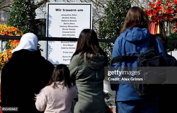 Mourners stand in front of a sign with the names of the victims outside Albertville high school on March 21, 2009 in Winnenden near Stuttgart,...