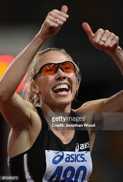 Tamsyn Lewis celebrates victory in the womens 400 metre hurdles day three of the Australian Athletics Championships & Selection Trials at the...