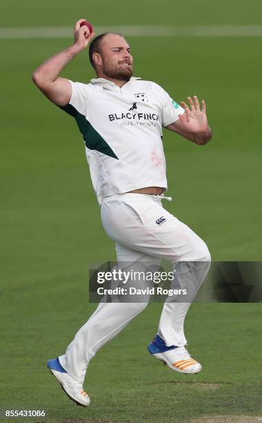 Joe Leach of Worcestershire bowls during the Specsavers County Championship Division Two match between Worcestershire and Durham at New Road on...