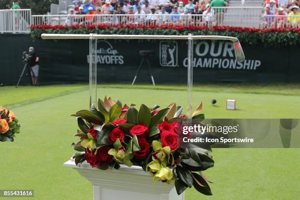 The Tour Championship Calamity Jane trophy is on display before the final round of the PGA Tour Championship. The Tour Championship is the final...