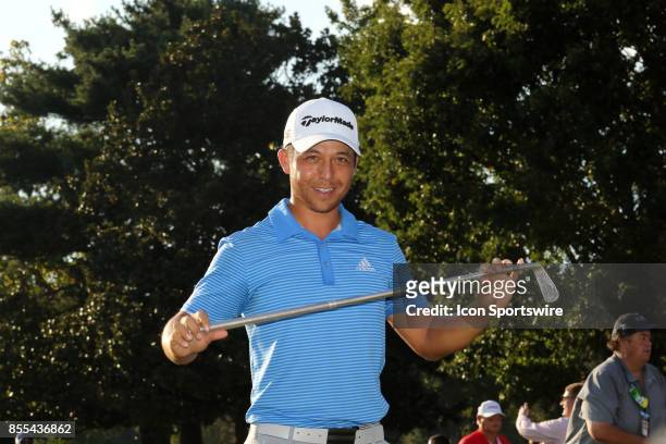 Xander Schauffele holds up the Calamity Jane Trophy after the final round of the PGA Tour Championship. The Tour Championship is the final event of...