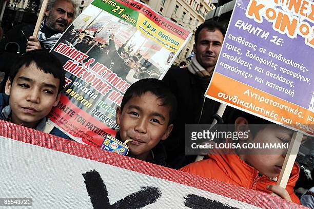 Child immigrants to Greece march in an immigrant's demonstration in Athens on March 21 the International Day for the Elimination of Racial...