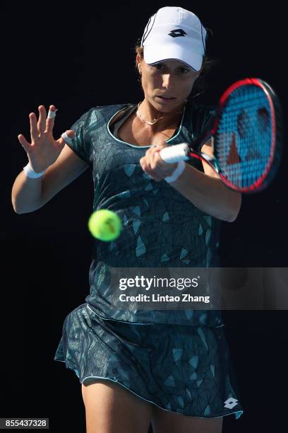 Varvara Lepchenko of United States hits a forehand during the Women's singles qualifier first round match against Liu Fangzhou of China at the 2017...