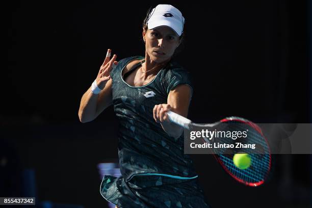 Varvara Lepchenko of United States hits a forehand during the Women's singles qualifier first round match against Liu Fangzhou of China at the 2017...