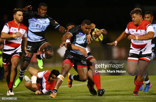 Apete Daveta of Fiji makes a line break during the round five NRC match between Canberra and Fiji at Viking Park on September 29, 2017 in Canberra,...