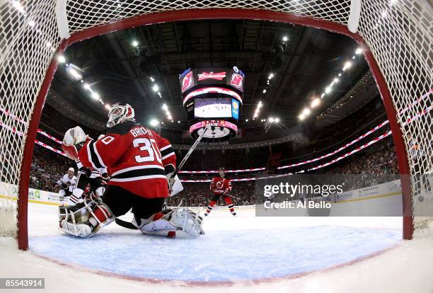 Goaltender Martin Brodeur of the New Jersey Devils defends the net during the game against the Chicago Blackhawks during their game on March 17, 2009...