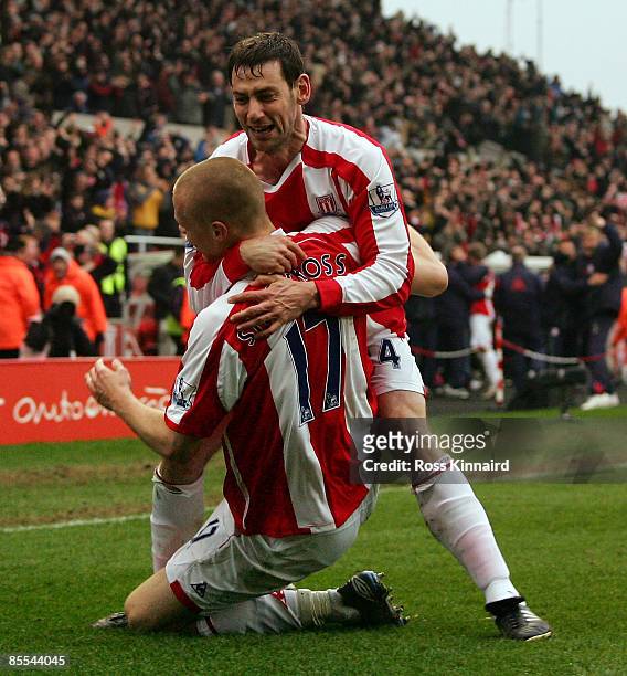 Ryan Shawcross is congratulated by Rory Delap of Stoke after the opening goal during the Barclays Premiership match between Stoke City and...