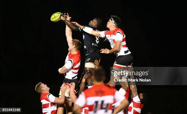 Blake Enever and Darcy Swain of the Vikings contest a line out against Samu Saqiwa of Fiji during the round five NRC match between Canberra and Fiji...