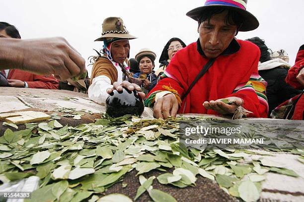 Bolivian natives begin the ritual of chewing coca leaves after touching a black sphere to feel inner peace March 21, 2009 in Tiwanaku, 70 km from La...