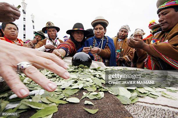 Bolivian natives begin the ritual of chewing coca leaves after touching a black sphere to feel inner peace March 21, 2009 in Tiwanaku, 70 km from La...