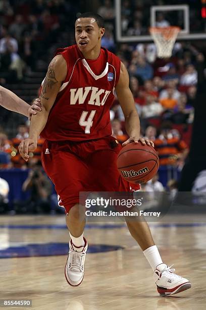 Slaughter of the Western Kentucky Hilltoppers moves the ball against the Illinois Fighting Illini during the first round of the NCAA Division I Men's...