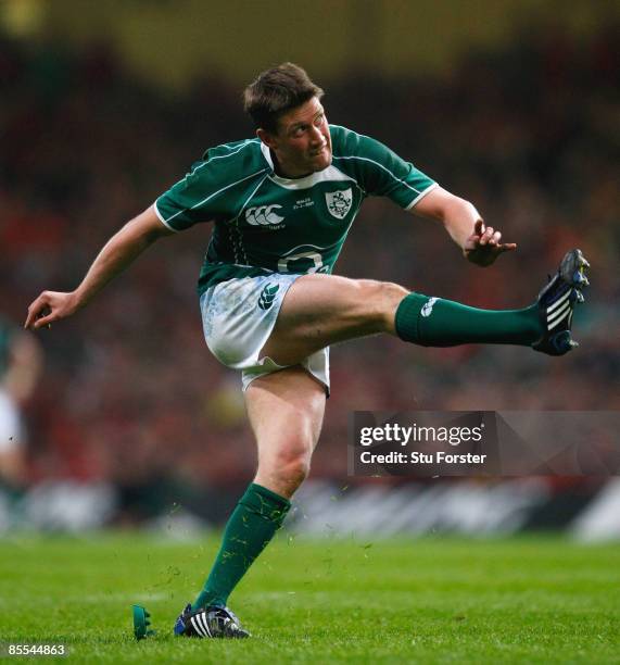 Ronan O'Gara of Ireland kicks a conversion during the RBS 6 Nations Championship match between Wales and Ireland at the Millennium Stadium on March...