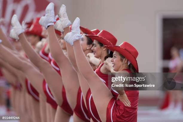 Line of Indiana cheerleaders kick high into the air during a stoppage in play of a college football game between the Georgia Southern Eagles and the...