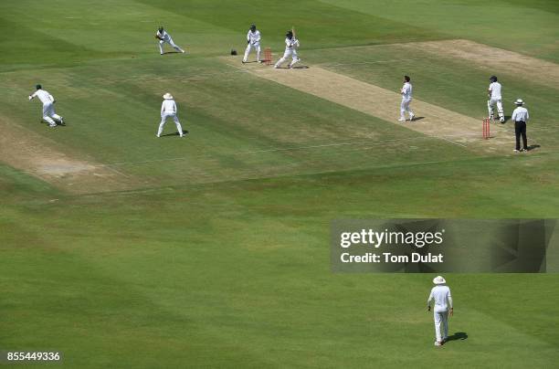 Dinesh Chandimal of Sri Lanka bats during Day Two of the First Test between Pakistan and Sri Lanka at Sheikh Zayed Stadium on September 29, 2017 in...