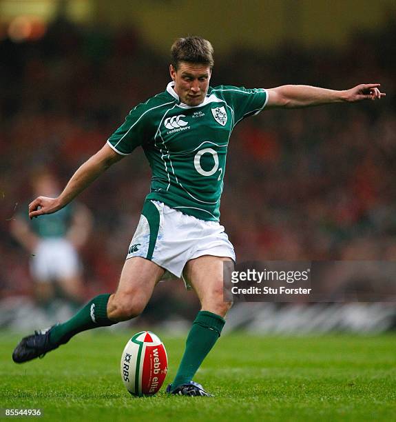 Ronan O'Gara of Ireland kicks a conversion during the RBS 6 Nations Championship match between Wales and Ireland at the Millennium Stadium on March...