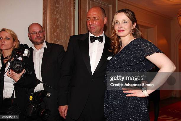 French actress Julie Delpy and Peter Lewandowski , editor in chief of Gala magazine arrive for the Gala Spa Awards at Brenner's Park Hotel on March...