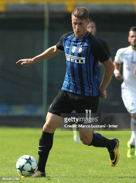 Andrea Pinamonti of FC Internazionale in action during the UEFA Youth League Domestic Champions Path match between FC Internazionale and Dynamo Kiev...