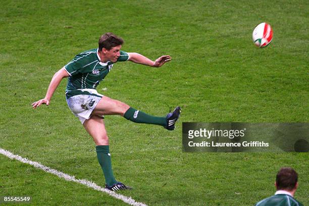 Ronan O'Gara of Ireland kicks the match winning drop goal during the RBS 6 Nations Championship match between Wales and Ireland at the Millennium...