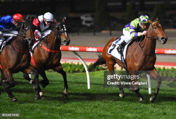 Ben Melham riding I Am A Star wins Race 6 Stocks Stakes during Melbourne Racing at Moonee Valley Racecourse on September 29, 2017 in Melbourne,...