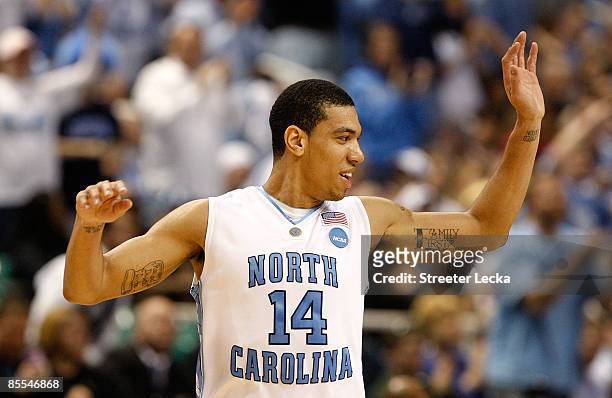 Danny Green of the North Carolina Tar Heels reacst after a basket against the Louisiana State University Tigers during the second round of the NCAA...