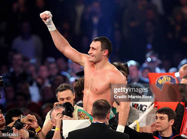 Vitali Klitschko celebrates after the WBC World Championship Heavyweight at the Hans-Martin-Schleyer hall on March 21, 2009 in Stuttgart, Germany.