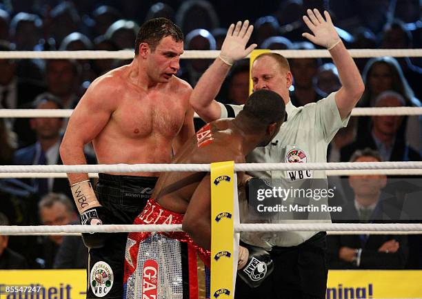 Vitali Klitschko of the Ukraine wins knock out against Juan Carlos Gomez of Cuba during their WBC World Championship Heavyweight at the...