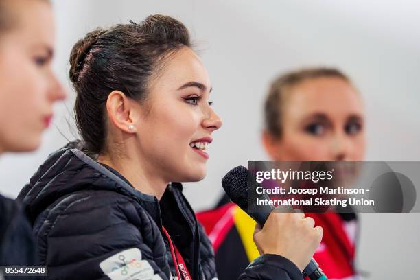 Matilda Algotsson of Sweden, Kailani Craine of Australia and Nathalie Weinzierl of Germany pose for a photo after the Ladies Free Skating draw during...