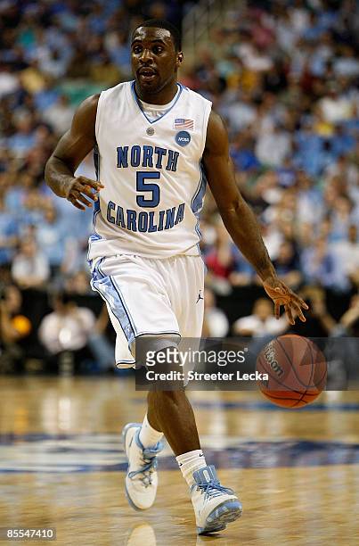 Ty Lawson of the North Carolina Tar Heels run the point against the Louisiana State University Tigers during the second round of the NCAA Division I...