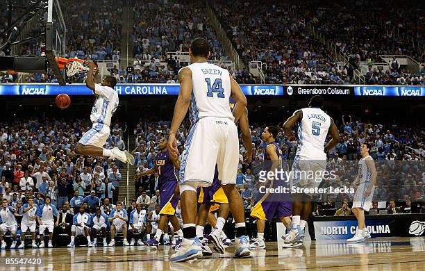 Ed Davis of the North Carolina Tar Heels dunks against the Louisiana State University Tigers during the second round of the NCAA Division I Men's...