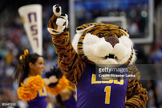 The Louisiana State University Tigers mascot cheers against the North Carolina Tar Heels during the second round of the NCAA Division I Men's...
