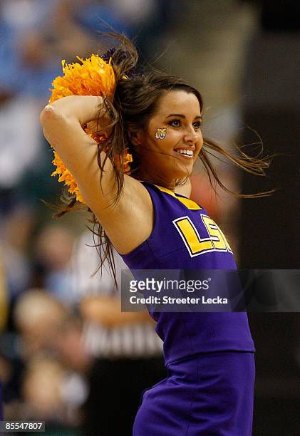 Cheerleader for the Louisiana State University Tigers cheers against the North Carolina Tar Heels during the second round of the NCAA Division I...