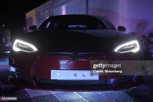 Tesla Model S electric vehicle sits on display during a Tesla Inc. Event at the Hornsdale wind farm, operated by Neoen SAS, near Jamestown, South...