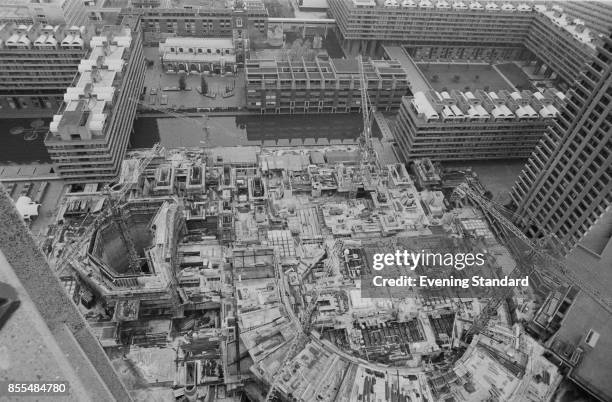 Aerial view of the Barbican Estate under construction, City of London, UK, 26th July 1978.