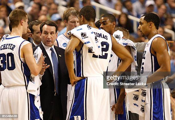 Head coach Mike Krzyzewski of the Duke Blue Devils directs his team against the Texas Longhorns during the second round of the NCAA Division I Men's...