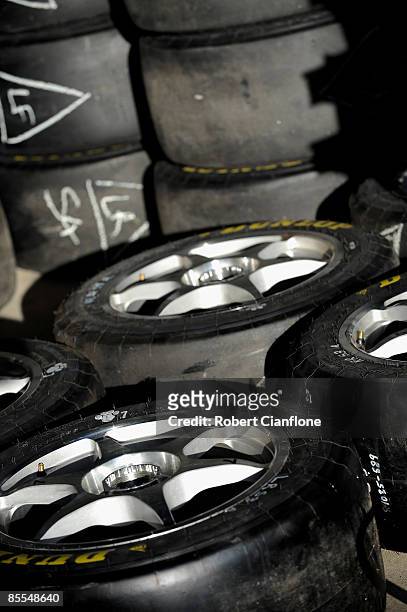 Set of slick racing tyres are seen prior to race two of the Clipsal 500, which is round one of the V8 Supercar Championship Series, on the Adelaide...