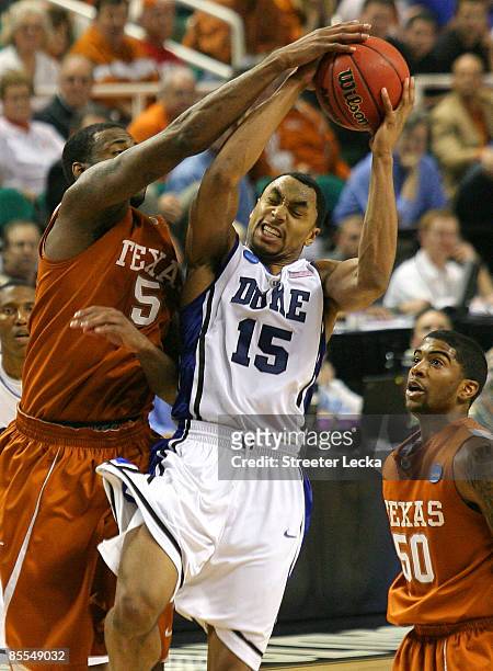 Gerald Henderson of the Duke Blue Devils battles for a rebound against Damion James and Varez Ward of the Texas Longhorns during the second round of...