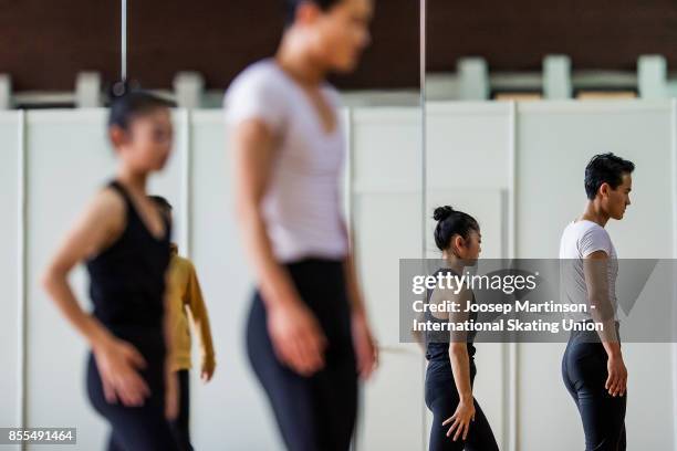 Tae Ok Ryom and Ju Sik Kim of DPR Korea warm up prior to the Pairs Free Skating during the Nebelhorn Trophy 2017 at Eissportzentrum on September 29,...