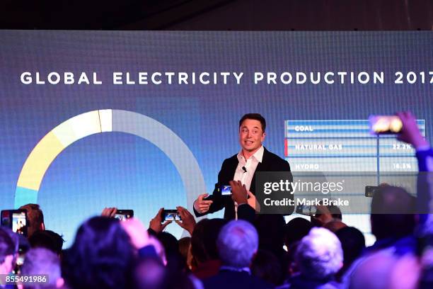 Elon Musk during his presenation at the Tesla Powerpack Launch Event at Hornsdale Wind Farm on September 29, 2017 in Adelaide, Australia. Tesla will...