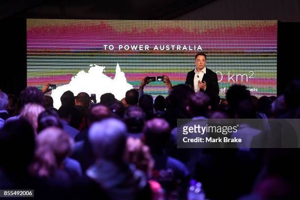 Elon Musk during his presention during Tesla Powerpack Launch Event at Hornsdale Wind Farm on September 29, 2017 in Adelaide, Australia. Tesla will...