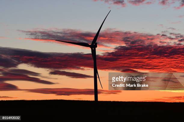 Sunsets on a wind turbine on the way to Tesla Powerpack Launch Event at Hornsdale Wind Farm on September 29, 2017 in Adelaide, Australia. Tesla will...