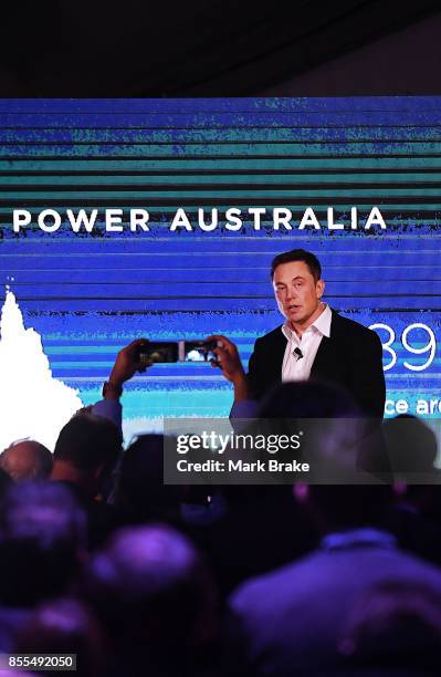 Elon Musk during his presention during Tesla Powerpack Launch Event at Hornsdale Wind Farm on September 29, 2017 in Adelaide, Australia. Tesla will...