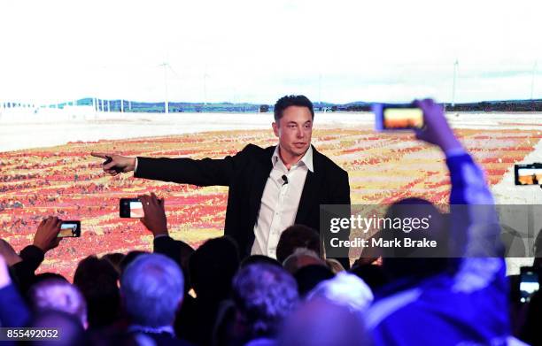 Elon Musk during his presenation at the Tesla Powerpack Launch Event at Hornsdale Wind Farm on September 29, 2017 in Adelaide, Australia. Tesla will...